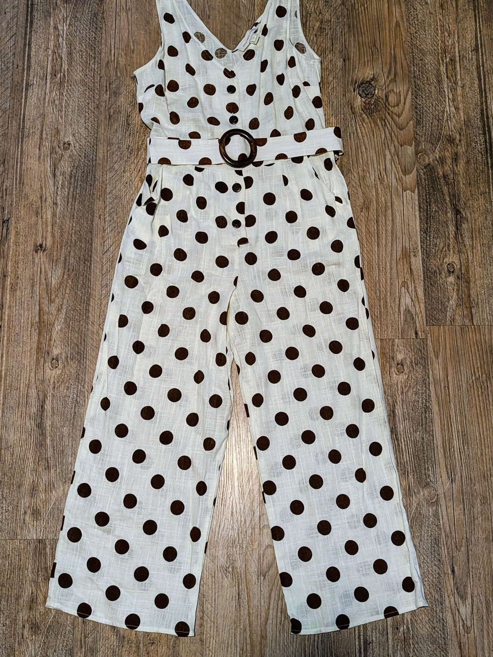 Polka Dot Wide-Leg Jumpsuit with Belt - White & Brown